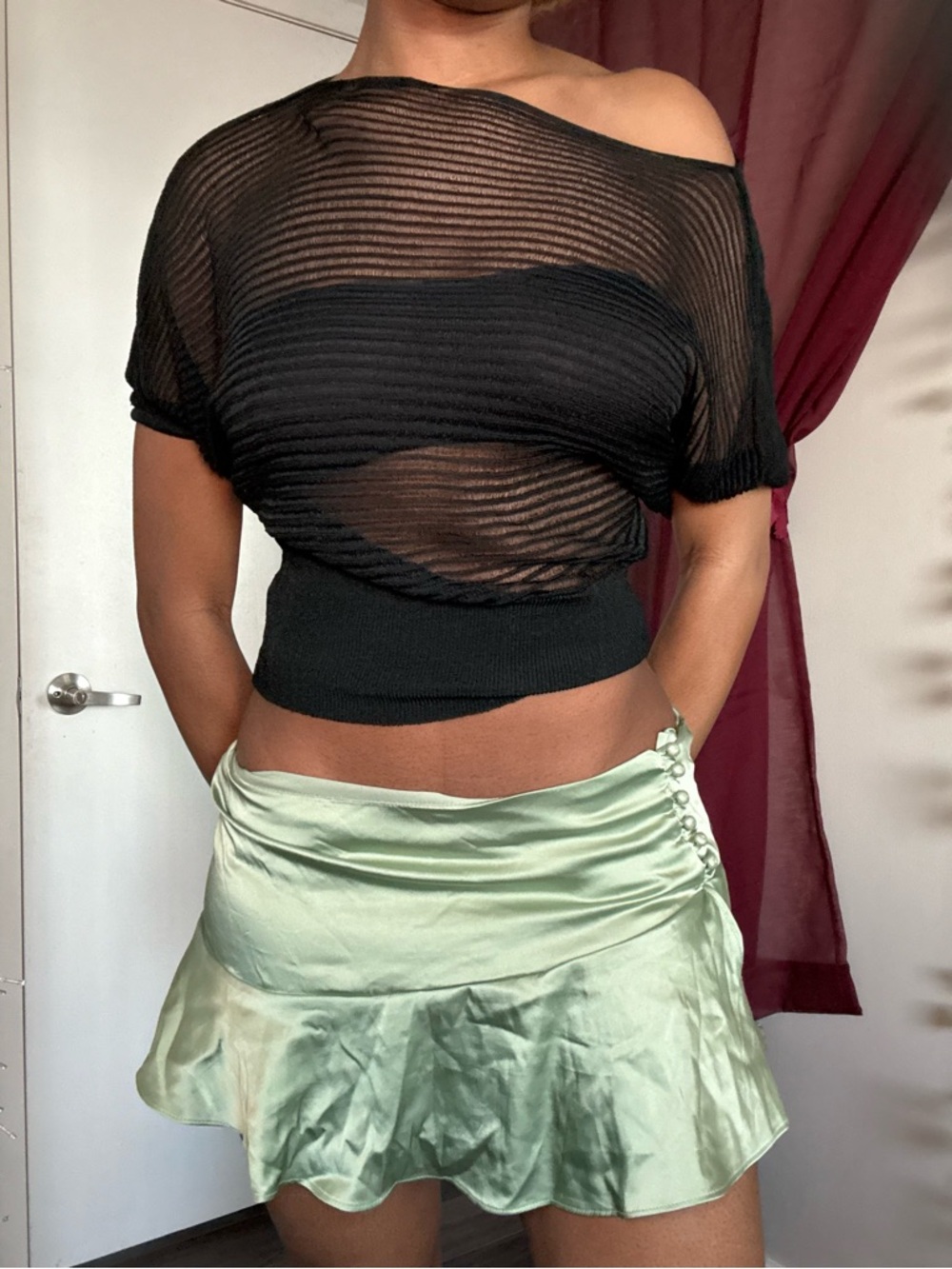Satin Ruffle mini skirt , sage green